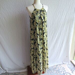 Frnch Aneth Dress Silk M Chiffon Peasant Maxi Dress Yellow Black Tier Hem Luxury